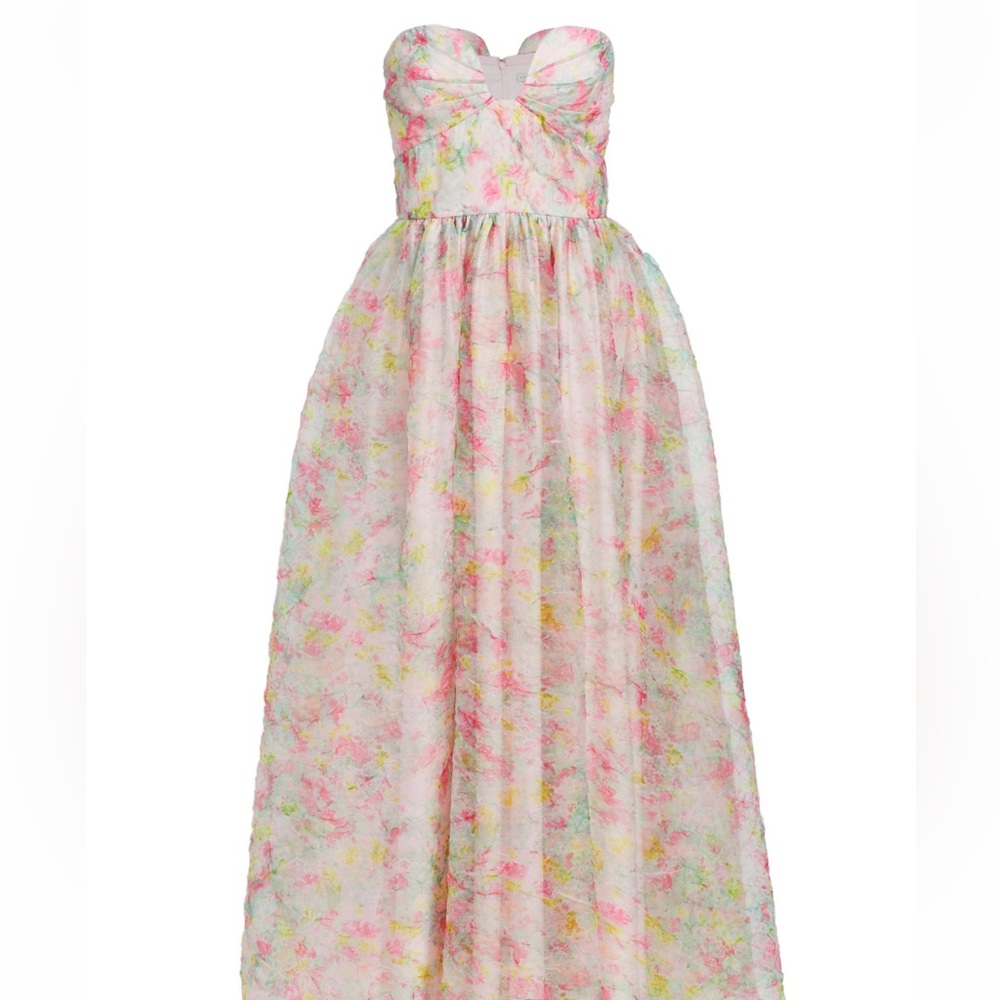 ML Monique Lhuillier Floral Crinkled Organza Maxi Dress
